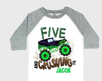 Personalized Monster Truck Crushing IT Birthday Shirt. FIVE Birthday. Boy's Truck Birthday Shirt. Monster Truck Racing Birthday Shirt.