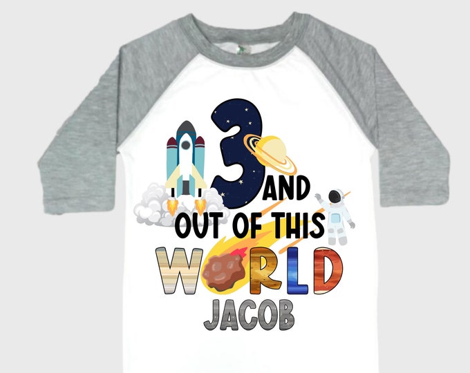 Personalized Space Birthday THREE Astronaut theme Birthday Shirt. THREE Birthday. Boy's Birthday Shirt. Spaceship Space ship Birthday Shirt.