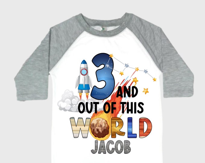 Personalized Space Birthday THREE Astronaut theme Birthday Shirt. THREE Birthday. Boy's Birthday Shirt. Spaceship Space ship Birthday Shirt.