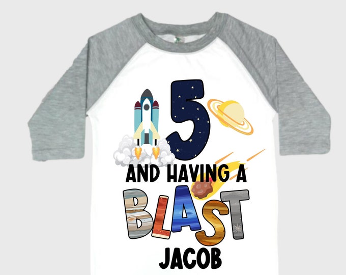 Personalized Space Birthday FIVE Astronaut theme Birthday Shirt. 5th Birthday. Boy's Birthday Shirt. Spaceship Space ship Birthday Shirt.