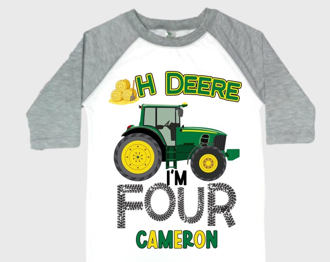 Personalized Tractor FOUR  Raglan Monster Truck theme Birthday Shirt. Two Birthday. Boy's Racing Birthday . Tractor Birthday .