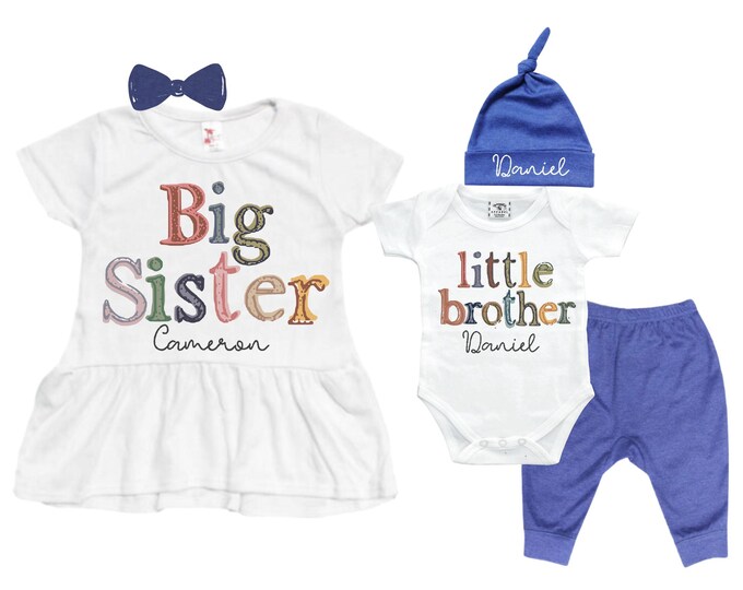 Big Sister Little Brother Sibling Set: Peplum Shirt, Bodysuit, Pants, Headband, Beanie
