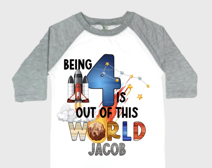 Personalized Space Birthday FOUR Astronaut theme Birthday Shirt. FOUR Birthday. Boy's Birthday Shirt. Spaceship Space ship Birthday Shirt.