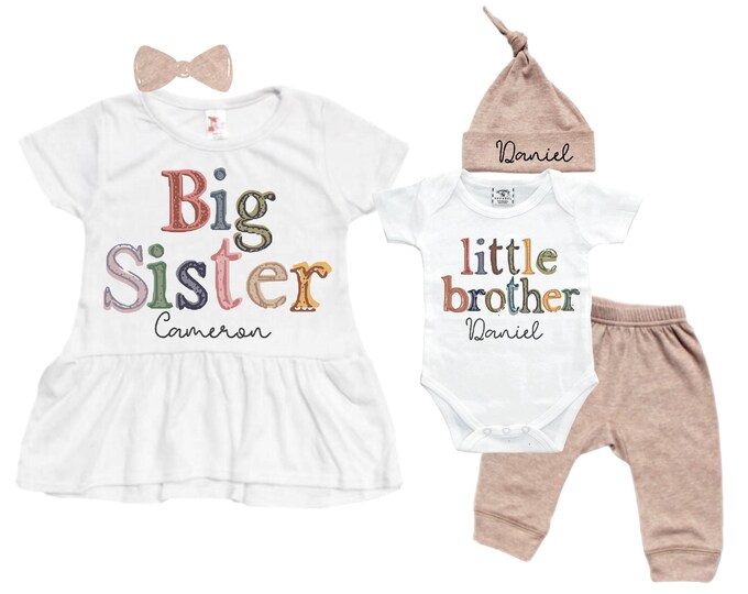 Big Sister Little Brother Sibling Set: Peplum Shirt, Bodysuit, Pants, Headband, Beanie