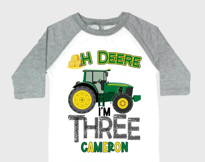 Personalized Tractor theme Birthday Shirt. THREE Birthday. Boy's Truck Birthday Shirt. Tractor Racing Birthday Shirt.