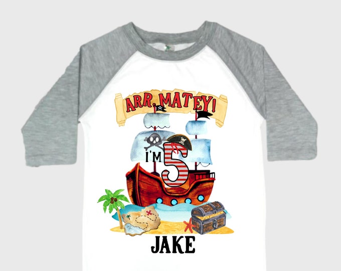 Personalized Pirate Ship FIVE Pirate Ship theme Birthday Shirt. Five Birthday. Boy's Pirate. Ahoy Matey, Arr Matey, Arrgh, Shiver Me Timber
