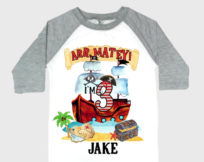 Personalized Pirate Ship theme Birthday Shirt. THREE Birthday. Boy's Pirate Birthday. Timber me Shivers. Arr Matey. Ahoy Matey. Arrgh. 3rd