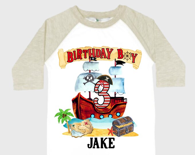 Personalized Pirate Ship theme Birthday Shirt. THREE Birthday. Boy's Pirate Birthday. Timber me Shivers. Arr Matey. Ahoy Matey. Arrgh. 3rd