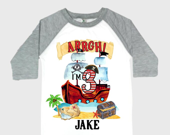 Personalized Pirate Ship theme Birthday Shirt. THREE Birthday. Boy's Pirate Birthday. Timber me Shivers. Arr Matey. Ahoy Matey. Arrgh. 3rd