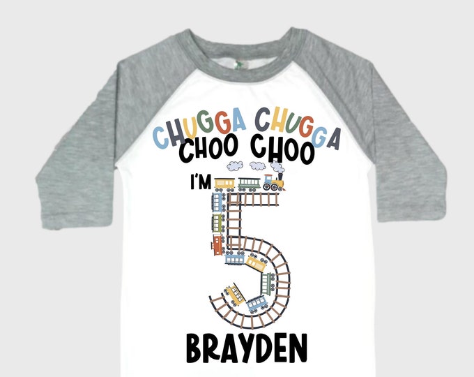 Personalized Choo Choo I'm 5 Train theme Birthday Shirt. Five Birthday. Boy's Train Birthday Shirt. Choo Choo Train Birthday Shirt.