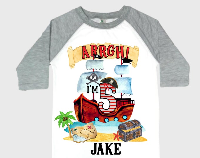 Personalized Pirate Ship FIVE Pirate Ship theme Birthday Shirt. Five Birthday. Boy's Pirate. Ahoy Matey, Arr Matey, Arrgh, Shiver Me Timber