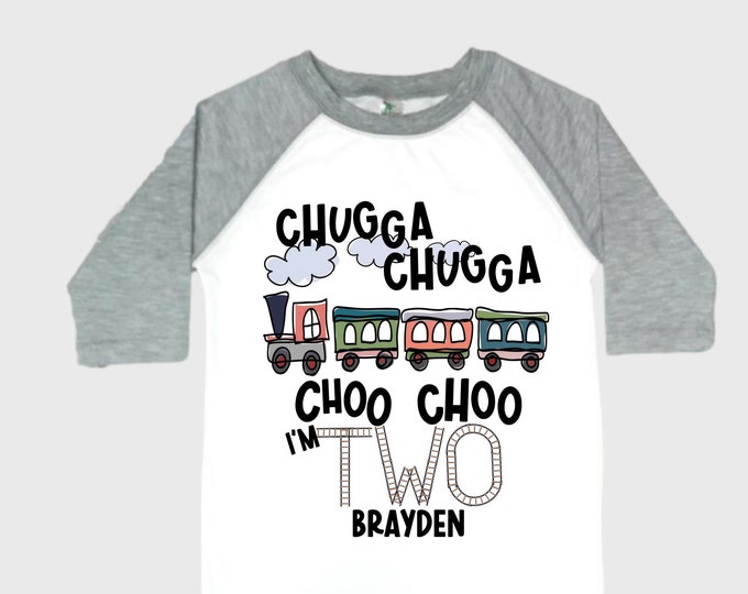 Personalized Choo Choo I'm 2 Train theme Birthday Shirt. Two Birthday. Boy's Train Birthday Shirt. Choo Choo Train Birthday Shirt.