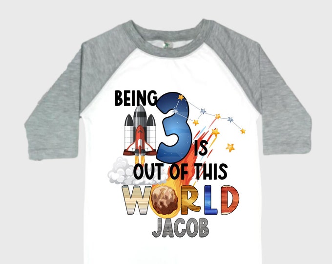 Personalized Space Birthday THREE Astronaut theme Birthday Shirt. THREE Birthday. Boy's Birthday Shirt. Spaceship Space ship Birthday Shirt.