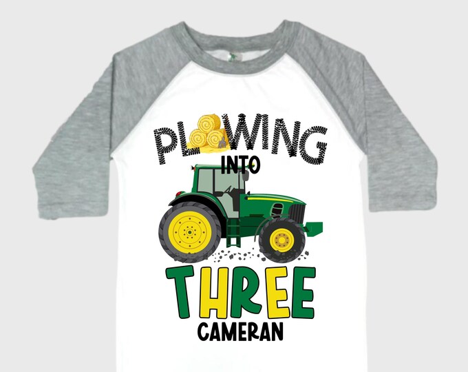 Personalized Tractor theme Birthday Shirt. THREE Birthday. Boy's Truck Birthday Shirt. Tractor Racing Birthday Shirt.