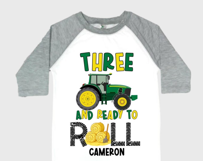 Personalized Tractor theme Birthday Shirt. THREE Birthday. Boy's Truck Birthday Shirt. Tractor Racing Birthday Shirt.