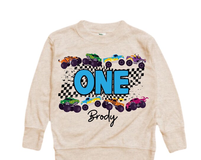 Personalized Monster Truck Crushing IT Birthday Long Sleeve Pull Over Shirt. ONE First 1st Birthday. Truck Birthday. Monster Truck Racing.