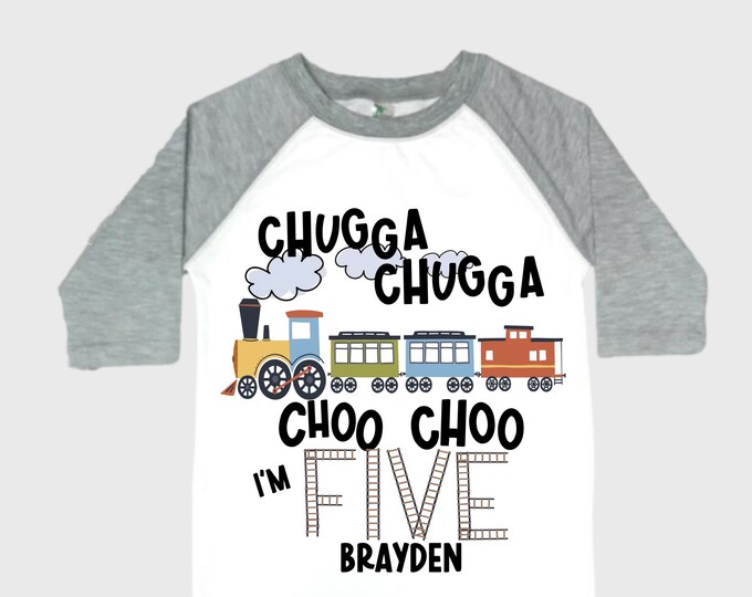 Personalized Choo Choo I'm 5 Train theme Birthday Shirt. Five Birthday. Boy's Train Birthday Shirt. Choo Choo Train Birthday Shirt.