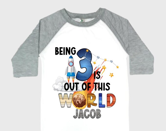 Personalized Space Birthday THREE Astronaut theme Birthday Shirt. THREE Birthday. Boy's Birthday Shirt. Spaceship Space ship Birthday Shirt.