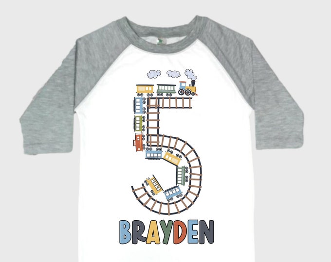Personalized Choo Choo I'm 5 Train theme Birthday Shirt. Five Birthday. Boy's Train Birthday Shirt. Choo Choo Train Birthday Shirt.