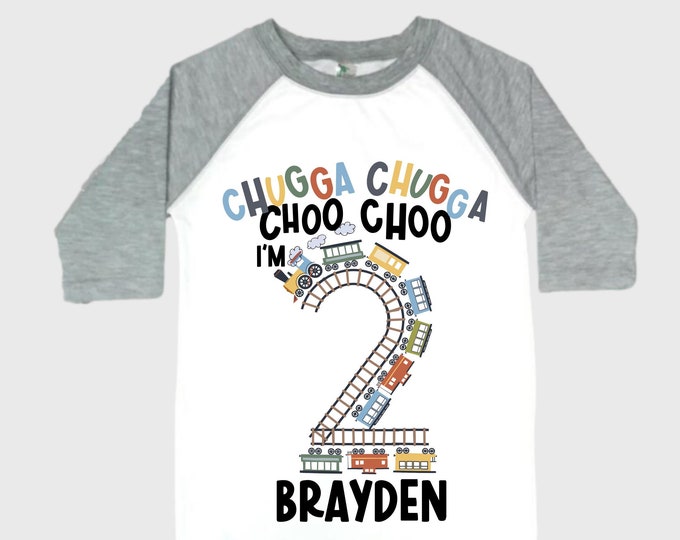 Personalized Choo Choo I'm 2 Train theme Birthday Shirt. Two Birthday. Boy's Train Birthday Shirt. Choo Choo Train Birthday Shirt.