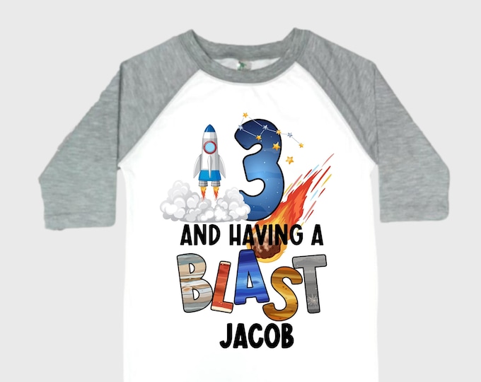 Personalized Space Birthday THREE Astronaut theme Birthday Shirt. THREE Birthday. Boy's Birthday Shirt. Spaceship Space ship Birthday Shirt.