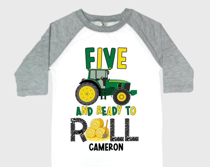 Personalized Green Tractor Truck FIVE Raglan Monster Truck theme Birthday Shirt. FIVE Birthday. Racing Birthday . Tractor Truck Birthday .