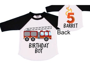 Personalized Fire Truck Truck FIVE Raglan Monster Truck theme Birthday Shirt. FIVE Birthday. Boy's Racing Birthday . FireTruck Birthday .