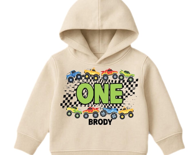 Personalized Monster Truck Crushing IT Birthday Fleece Hoodie. ONE First 1st Birthday. Truck Birthday. Monster Truck Racing.