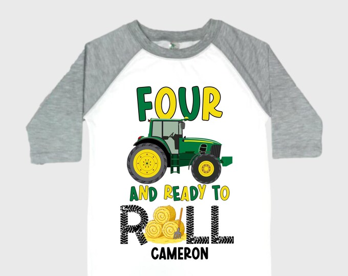 Personalized Tractor FOUR  Raglan Monster Truck theme Birthday Shirt. Two Birthday. Boy's Racing Birthday . Tractor Birthday .