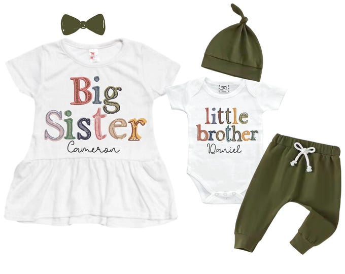 Big Sister Little Brother Sibling Set: Peplum Shirt, Bodysuit, Pants, Headband, Beanie