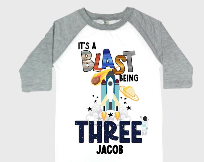 Personalized Space Birthday THREE Astronaut theme Birthday Shirt. THREE Birthday. Boy's Birthday Shirt. Spaceship Space ship Birthday Shirt.