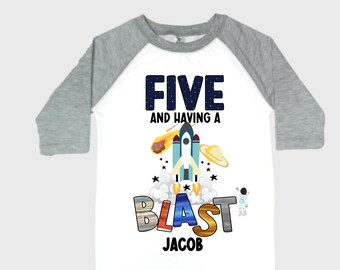 Personalized Space Birthday FIVE Astronaut theme Birthday Shirt. 5th Birthday. Boy's Birthday Shirt. Spaceship Space ship Birthday Shirt.