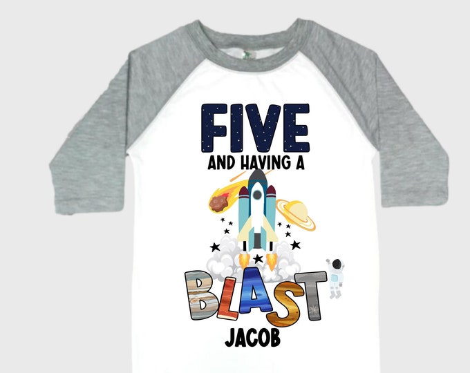 Personalized Space Birthday FIVE Astronaut theme Birthday Shirt. 5th Birthday. Boy's Birthday Shirt. Spaceship Space ship Birthday Shirt.