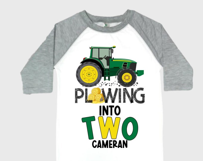 Personalized Farm Green Tractor Farm Animal theme Birthday Shirt. Two Birthday. Boy's Tractor Birthday Shirt.  Farm Birthday Shirt.