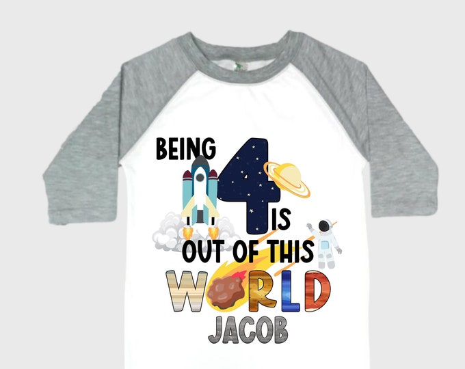 Personalized Space Birthday FOUR Astronaut theme Birthday Shirt. FOUR Birthday. Boy's Birthday Shirt. Spaceship Space ship Birthday Shirt.