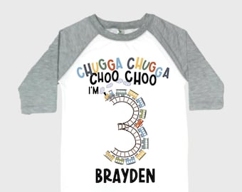 Personalized Choo Choo I'm 3 Train theme Birthday Shirt. Three Birthday. Boy's Train Birthday Shirt. Choo Choo Train Birthday Shirt.