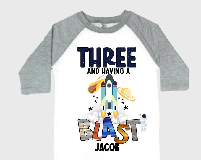 Personalized Space Birthday THREE Astronaut theme Birthday Shirt. THREE Birthday. Boy's Birthday Shirt. Spaceship Space ship Birthday Shirt.