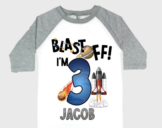 Personalized Space Birthday THREE Astronaut theme Birthday Shirt. THREE Birthday. Boy's Birthday Shirt. Spaceship Space ship Birthday Shirt.
