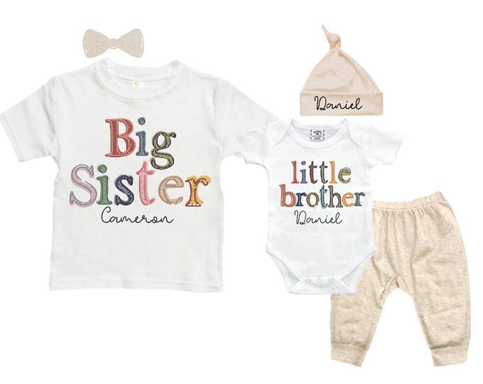 Big Sister Little Brother Sibling Set: Peplum Shirt, Bodysuit, Pants, Headband, Beanie