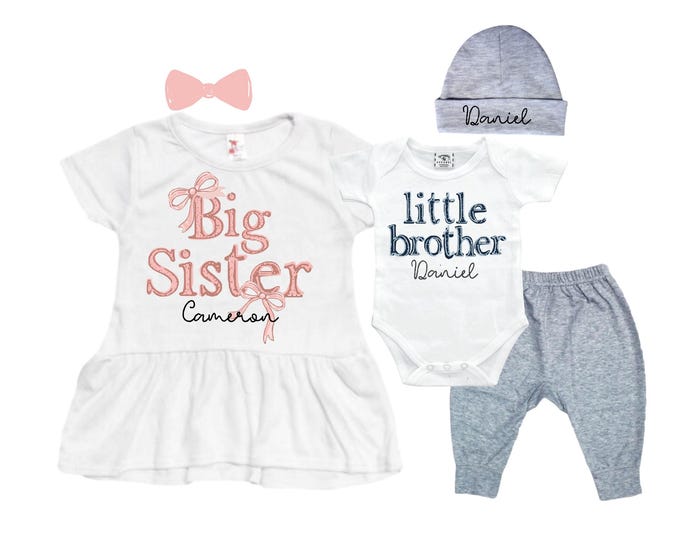 Big Sister Little Brother Sibling Set: Peplum Shirt, Bodysuit, Pants, Headband, Beanie