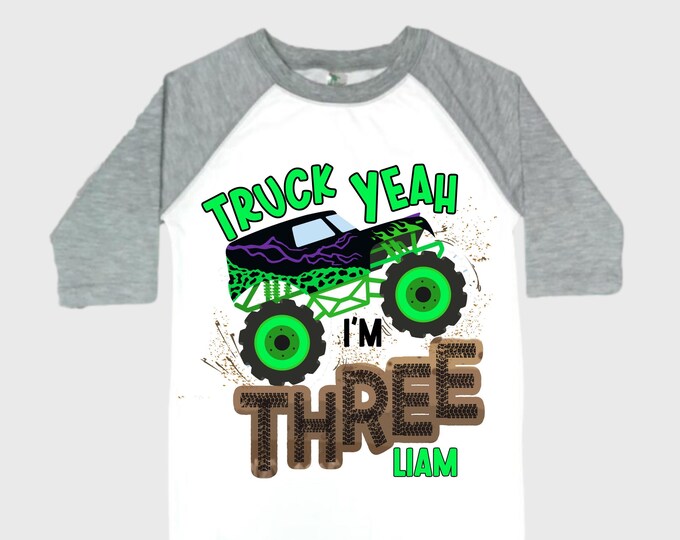 Personalized Monster Truck theme Birthday Shirt. THREE Birthday. Boy's Truck Birthday Shirt. Monster Truck Racing Birthday Shirt.