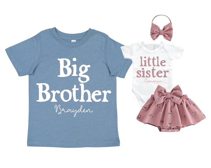 Complete SET - Big Brother Little Sister Matching Sibling Set. Baby Shower, Newborn Outfit, Name Announcement