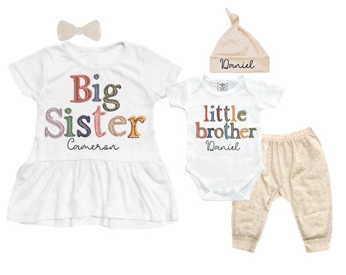 Big Sister Little Brother Sibling Set: Peplum Shirt, Bodysuit, Pants, Headband, Beanie