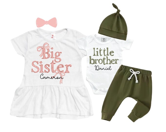 Big Sister Little Brother Sibling Set: Peplum Shirt, Bodysuit, Pants, Headband, Beanie