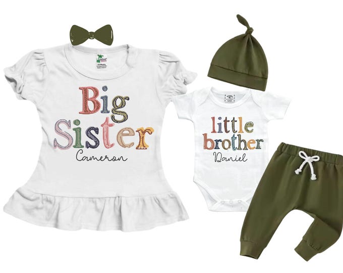 Big Sister Little Brother Sibling Set: Peplum Shirt, Bodysuit, Pants, Headband, Beanie