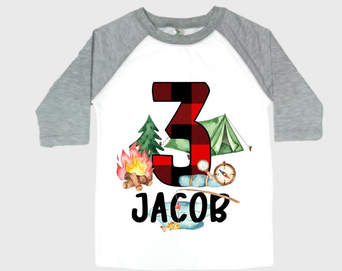 Personalized Camping. Camp theme Birthday Shirt. Happy Camper Birthday. Camper Shirt . THREE Birthday. Boy's Camp Birthday. adventure shirt