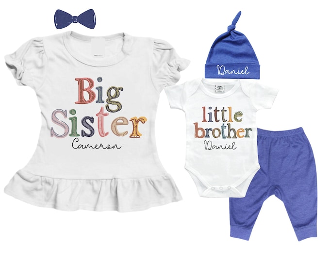 Big Sister Little Brother Sibling Set: Peplum Shirt, Bodysuit, Pants, Headband, Beanie