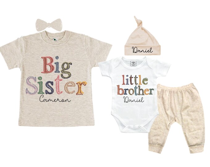 Big Sister Little Brother Sibling Set: Peplum Shirt, Bodysuit, Pants, Headband, Beanie