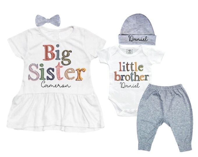 Big Sister Little Brother Sibling Set: Peplum Shirt, Bodysuit, Pants, Headband, Beanie