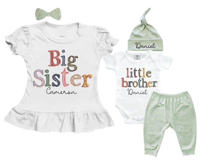 Big Sister Little Brother Sibling Set: Peplum Shirt, Bodysuit, Pants, Headband, Beanie